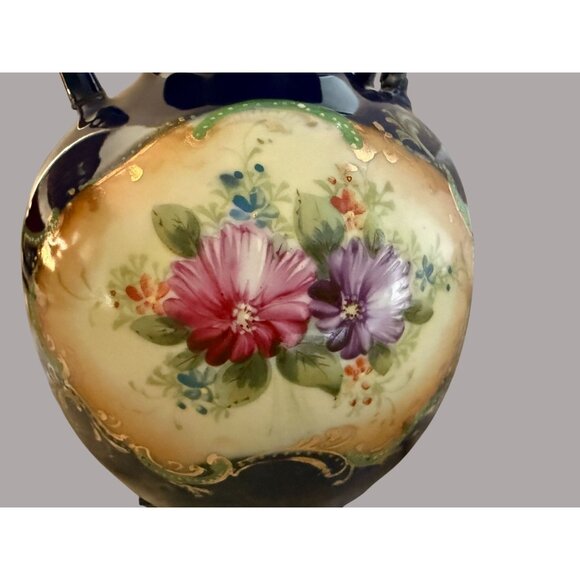 Antique Hand-Painted Cobalt Porcelain Floral Piedestal Vase Blue Florals & Gold - Picture 6 of 12